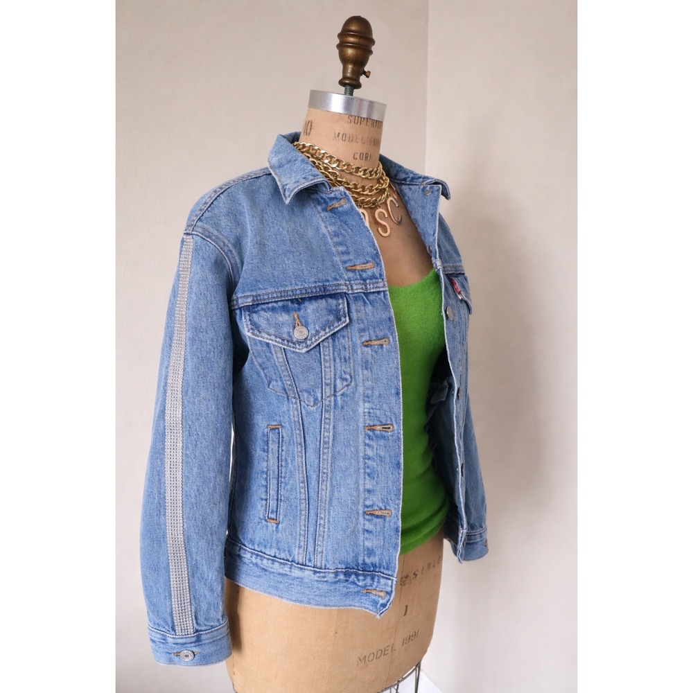 Levi's Premium Denim Jacket Women Size L Rhinestone Sleeve Stripe Blue Jacket